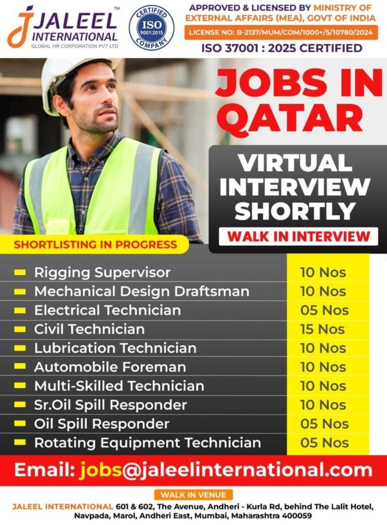 Jobs in Qatar: Urgent Hiring for Technicians and Supervisors by Jaleel International