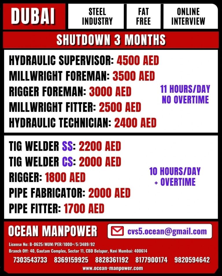 Shutdown Job in Dubai: Urgent Hiring for Steel Industry by Ocean Manpower