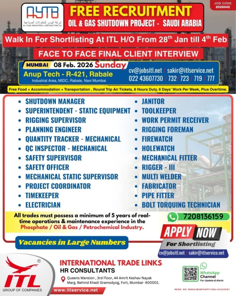 Free Recruitment Saudi Arabia: Urgent AYTB Shutdown Jobs