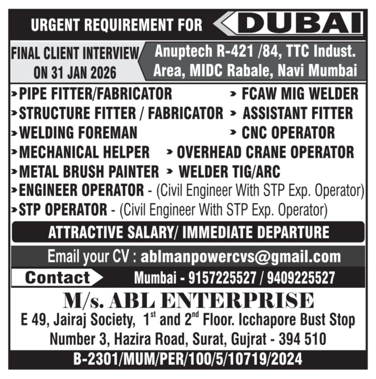 Dubai Job Vacancy: Urgent Hiring by ABL Enterprise for Skilled Trades