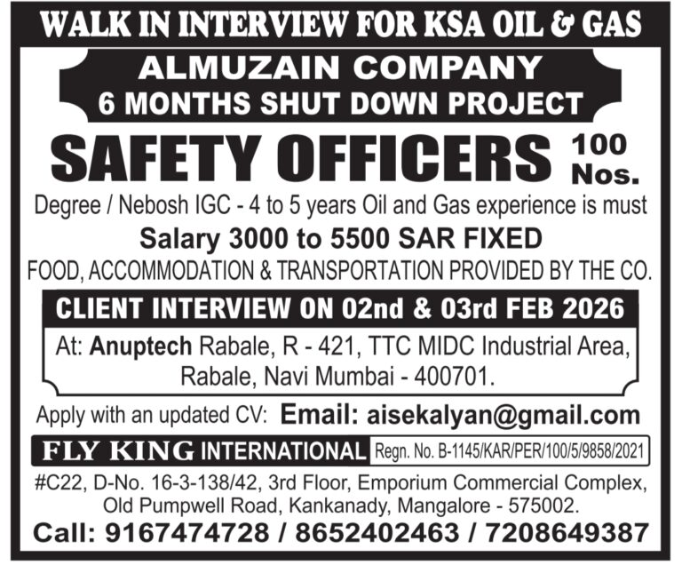 Safety Officer Jobs KSA: Urgent Shutdown Recruitment by Fly King International