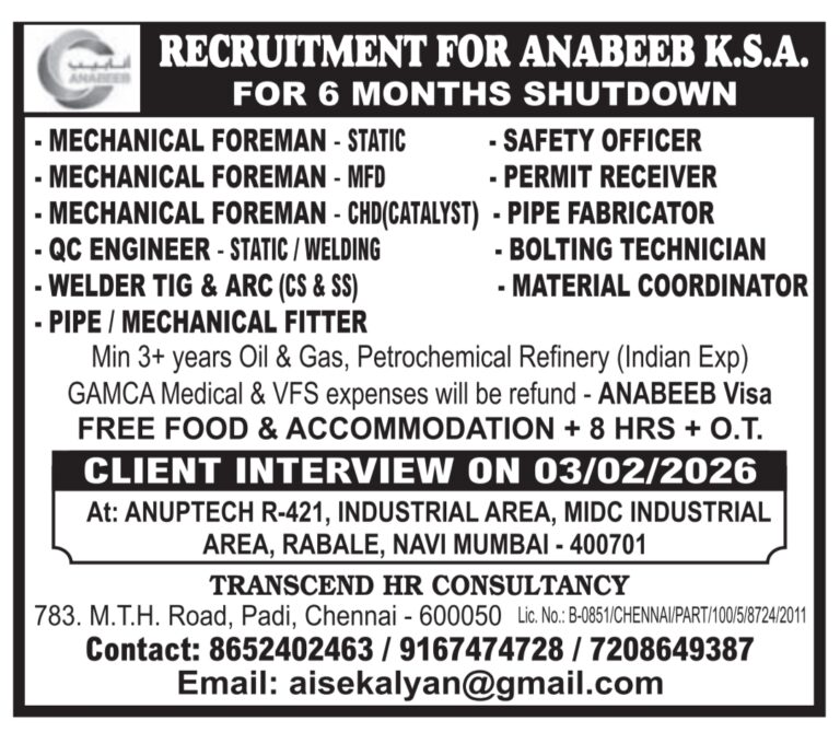 Anabeeb Shutdown Jobs: Urgent Recruitment for KSA Oil & Gas Project