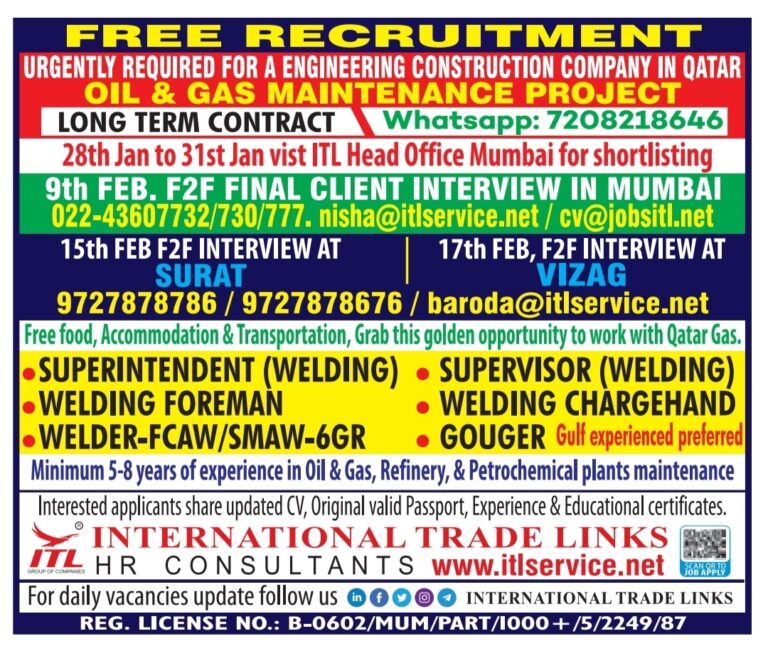Free Recruitment Qatar: Long Term Oil & Gas Project by ITL