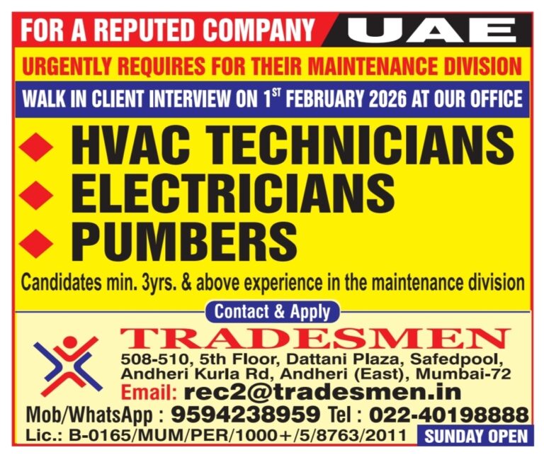 UAE Maintenance Jobs: Urgent Recruitment by Tradesmen Mumbai