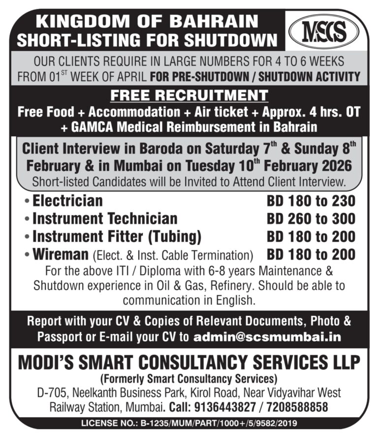 Free Recruitment Bahrain: Urgent Shutdown Jobs by Modi’s Smart Consultancy
