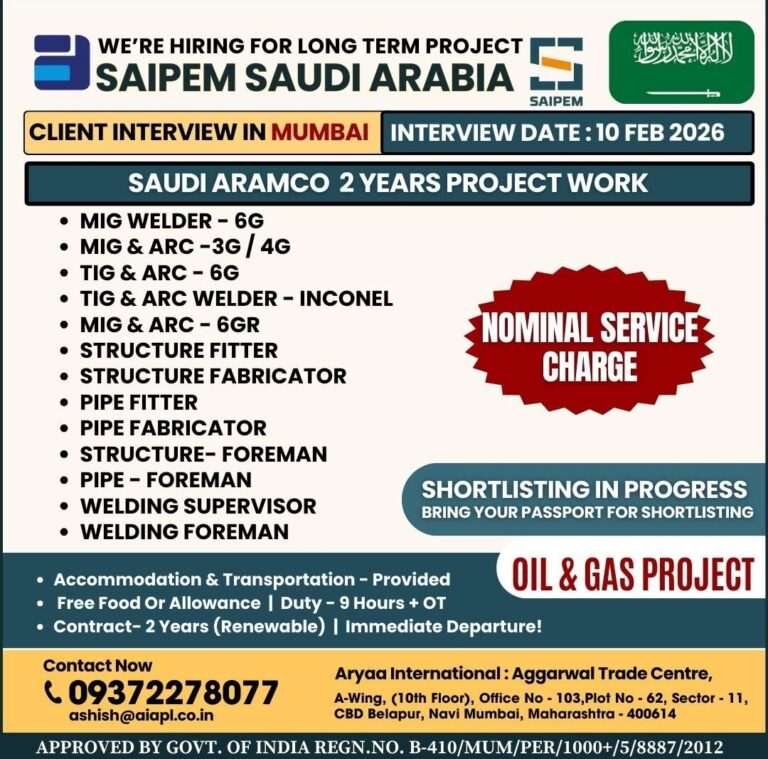 Saipem Saudi Arabia Jobs: Long Term Aramco Project Hiring by Aryaa International