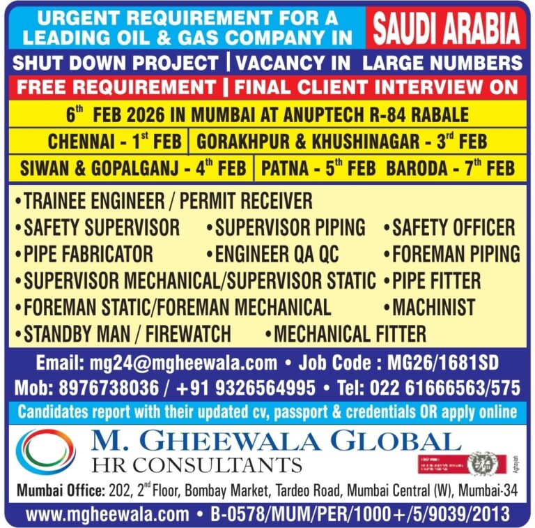 Free Requirement Saudi Arabia: Massive Oil & Gas Shutdown Recruitment by M Gheewala