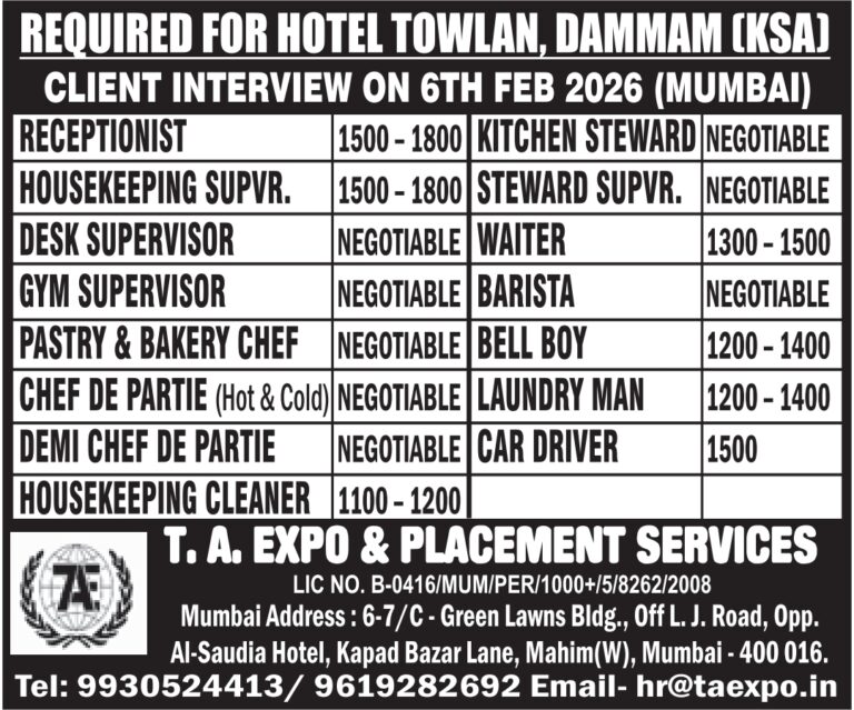 Hotel Jobs KSA: Urgent Hiring for Towlan Hotel Dammam
