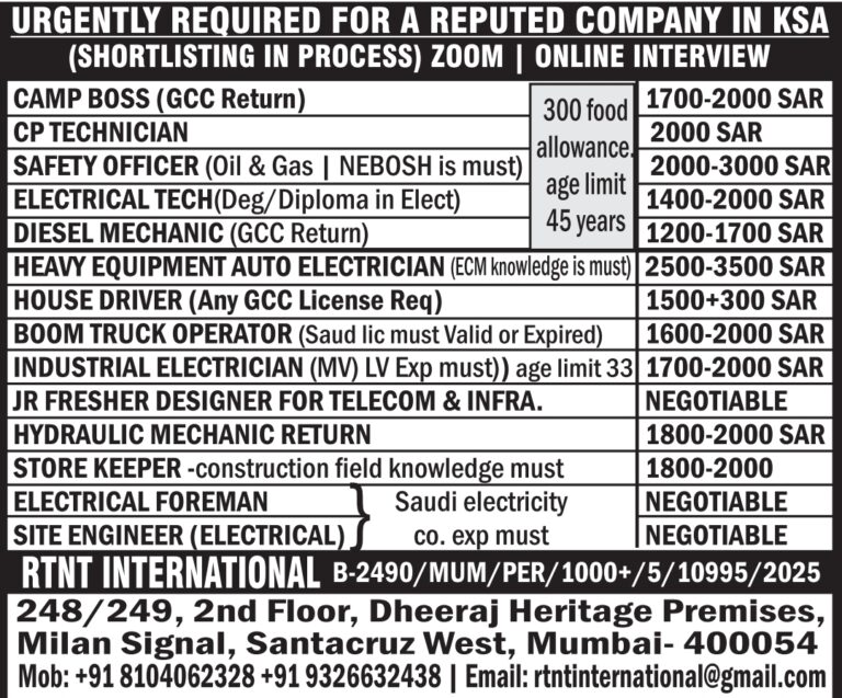 Zoom Interview Gulf Jobs: Urgent Hiring for KSA by RTNT International