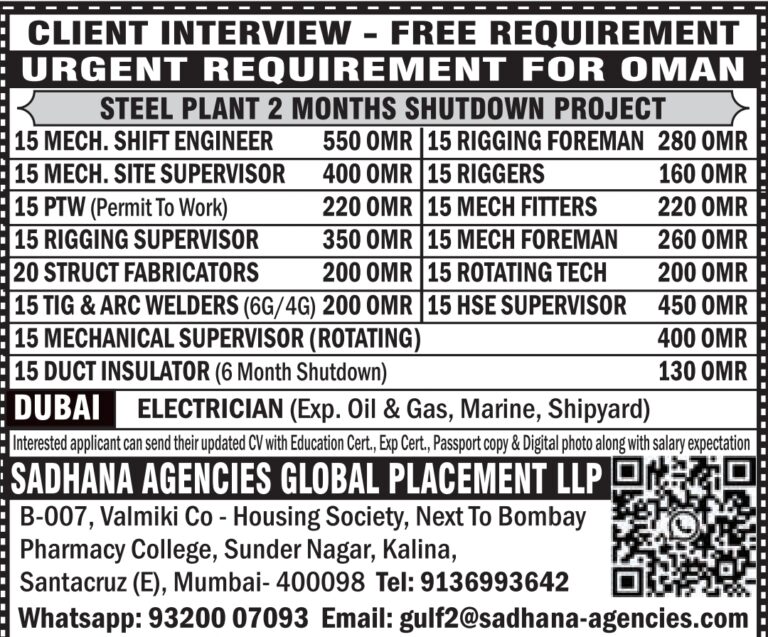 Free Recruitment Oman: Urgent Shutdown Jobs for Steel Plant by Sadhana Agencies