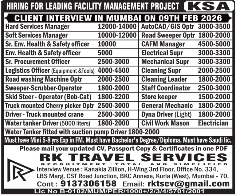 Facility Management Jobs KSA: High Salary Recruitment by RK Travel Services