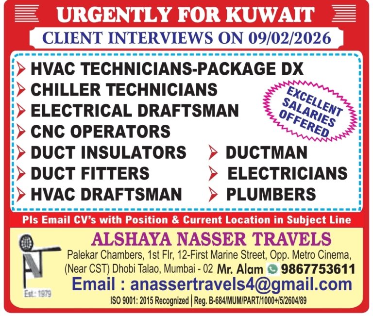 Kuwait Job Vacancy: Urgent Hiring for HVAC & MEP Technicians