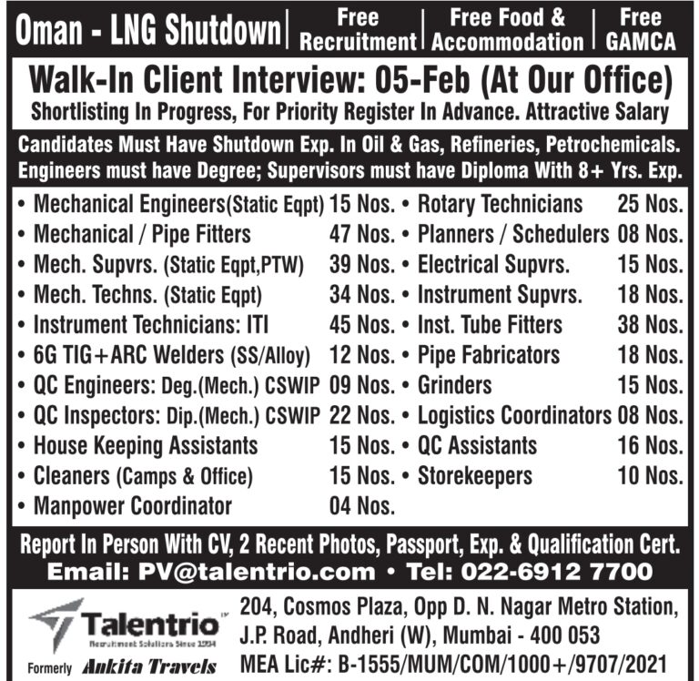 Free Recruitment Oman: LNG Shutdown Jobs by Talentrio Recruitment