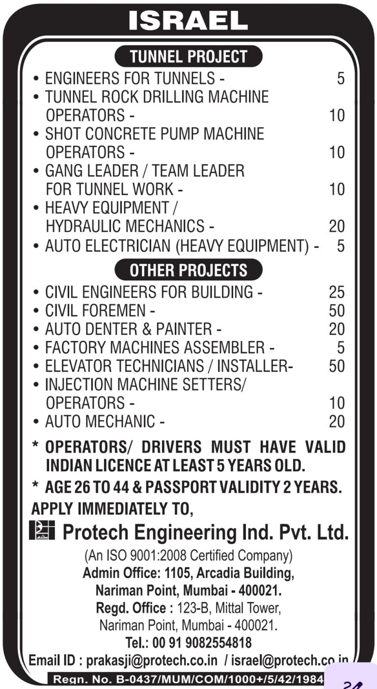 Israel Job Vacancy: Urgent Recruitment for Tunnel & Civil Projects