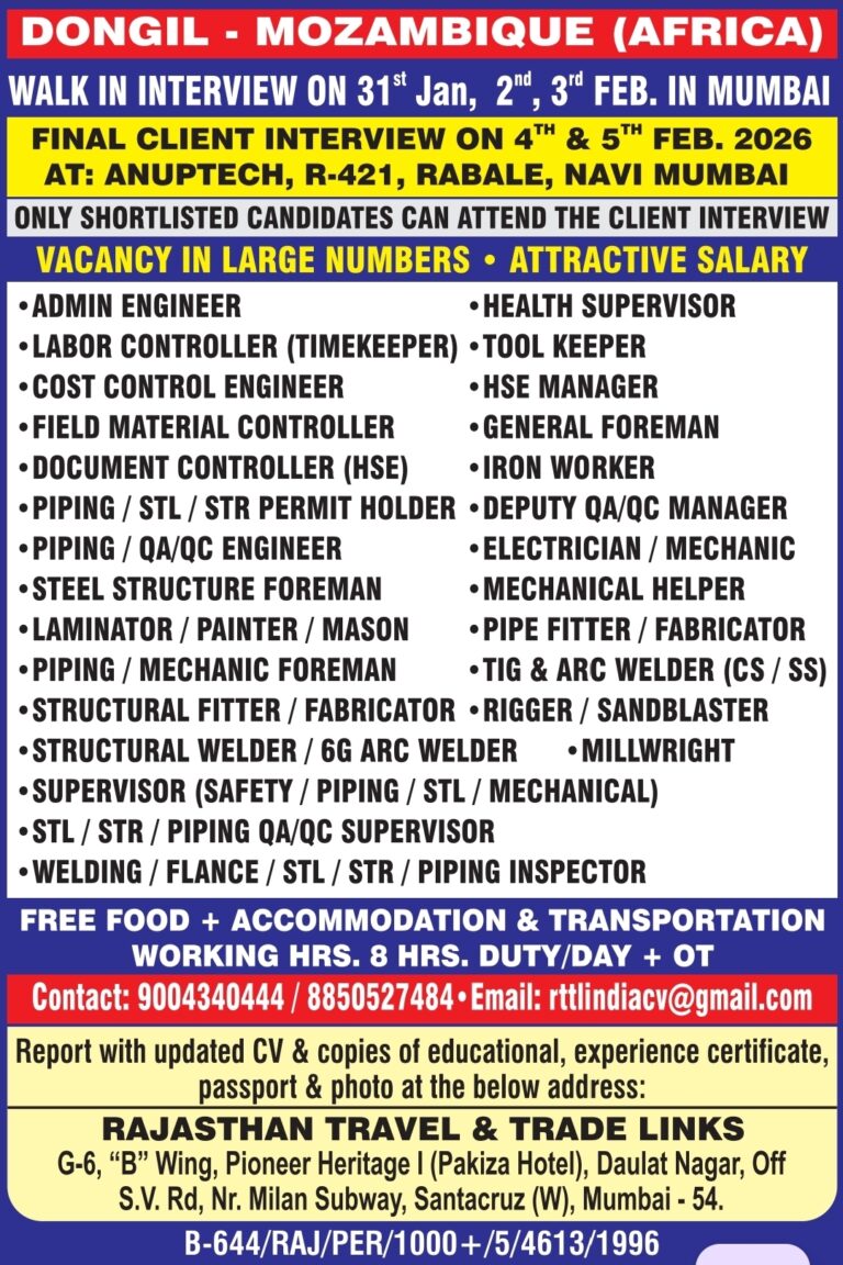 Dongil Mozambique Jobs: Urgent Hiring for Africa Project by Rajasthan Travel