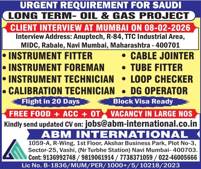 Urgent Requirement for Saudi: Long Term Oil & Gas Project Hiring