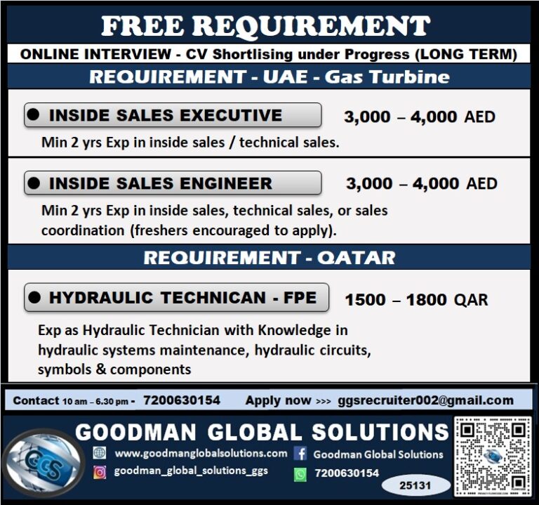 FREE REQUIREMENT - UAE -GAS TURBINE PROJECT ONLINE INTERVIEW-CV Shortlisting under progress (LONG TERM) 5 FREE REQUIREMENT – UAE -GAS TURBINE PROJECT ONLINE INTERVIEW-CV Shortlisting under progress (LONG TERM)