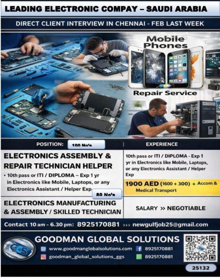 SAUDI ARABIA - LEADING ELECTRONIC COMPANY (LONG TERM) DIRECT CLIENT INTERVIEW IN CHENNAI @ FEB LAST WEEK 3 SAUDI ARABIA – LEADING ELECTRONIC COMPANY (LONG TERM) DIRECT CLIENT INTERVIEW IN CHENNAI @ FEB LAST WEEK