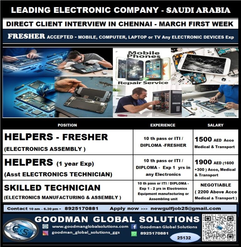 SAUDI ARABIA - LEADING ELECTRONIC COMPANY (LONG TERM) DIRECT CLIENT INTERVIEW IN CHENNAI @ FEB LAST WEEK 1 SAUDI ARABIA – LEADING ELECTRONIC COMPANY (LONG TERM) DIRECT CLIENT INTERVIEW IN CHENNAI @ FEB LAST WEEK