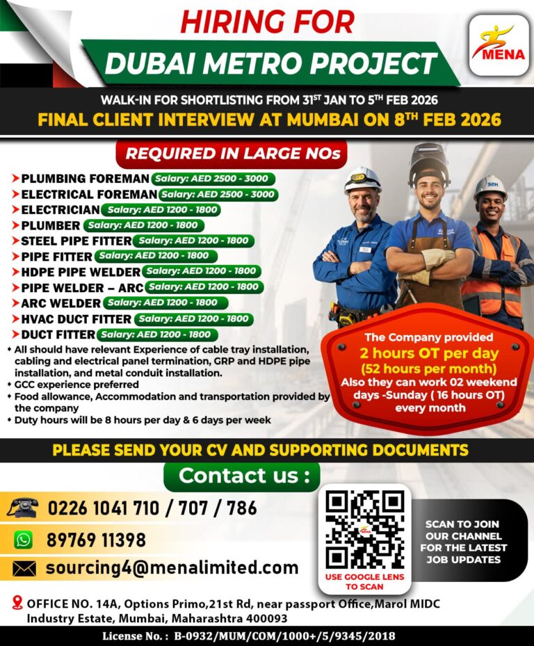 Dubai Metro Project Jobs: Urgent Hiring for Technicians & Foremen