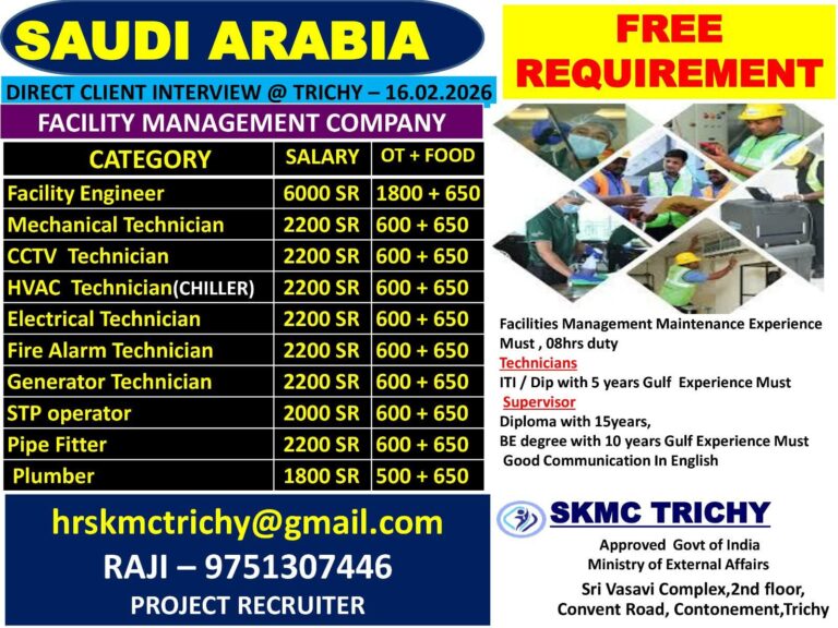 Free Requirement Saudi Arabia: Facility Management Jobs Trichy Interview 6 Free Requirement Saudi Arabia: Facility Management Jobs Trichy Interview