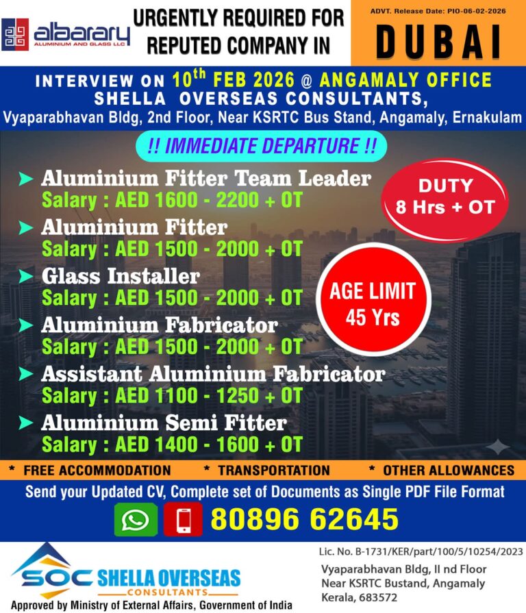 Urgently Required for Dubai: Aluminium & Glass Jobs by Shella Overseas
