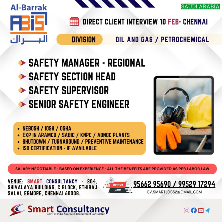 SAUDI ARABIA JOB OPENINGS – DIRECT CLIENT INTERVIEW | CHENNAI