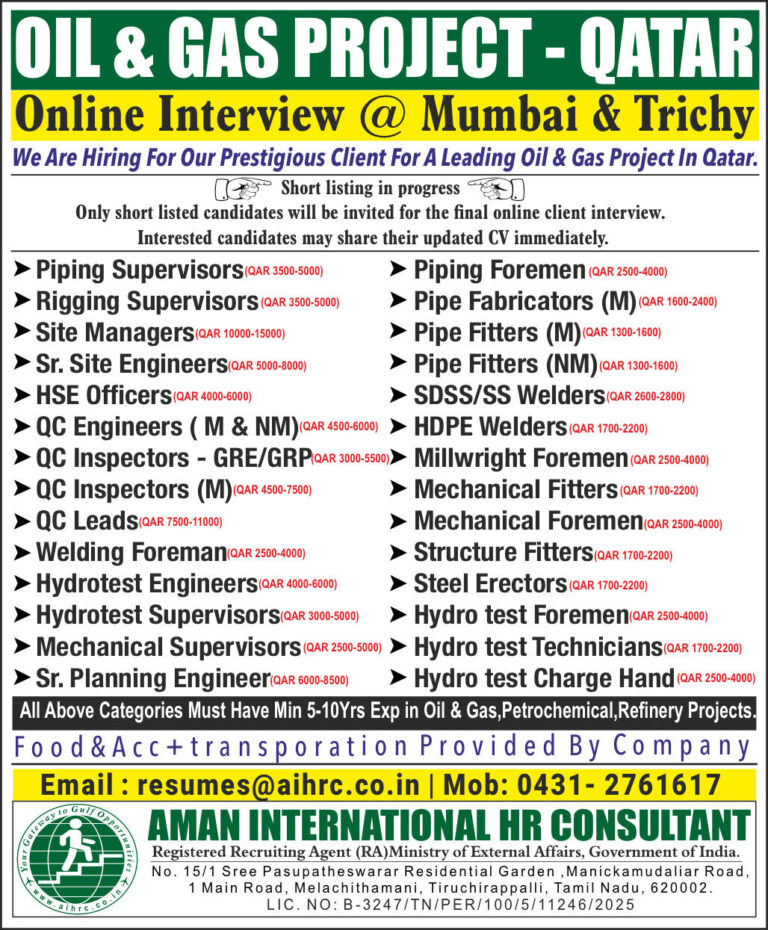 Hiring For Qatar (Oil&Gas Project)