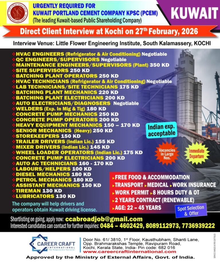 Client Interrview at Kochi on 27th February, 2026 for Kuwait
