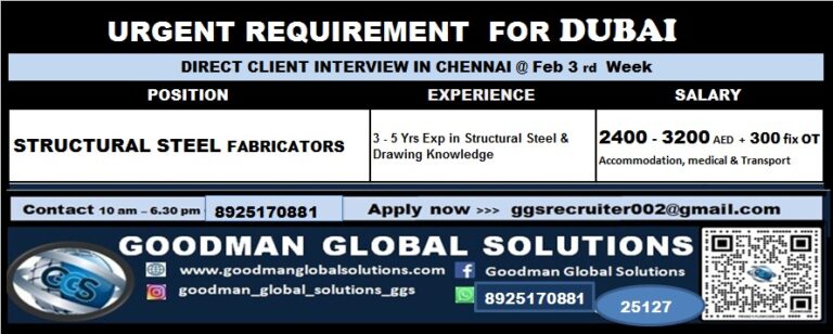 DUBAI - LONG TERM DIRECT CLIENT INTERVIEW IN CHENNAI @ FEB 3rd WEEK 7 DUBAI – LONG TERM DIRECT CLIENT INTERVIEW IN CHENNAI @ FEB 3rd WEEK
