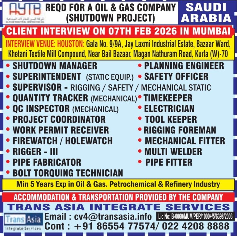 AYTB Saudi Arabia Jobs: Urgent Shutdown Project Hiring by Trans Asia