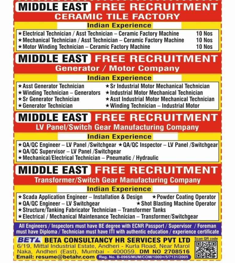 Middle East Free Recruitment: Factory & Manufacturing Jobs by Beta Consultancy