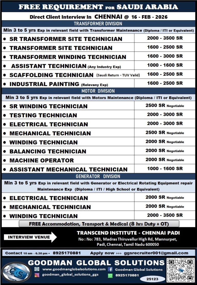 SAUDI ARABIA - TRANSFORMER DIVISION PROJECT ( LONG TERM ) DIRECT CLIENT INTERVIEW IN CHENNAI @16-02-2026 2 SAUDI ARABIA – TRANSFORMER DIVISION PROJECT ( LONG TERM ) DIRECT CLIENT INTERVIEW IN CHENNAI @16-02-2026