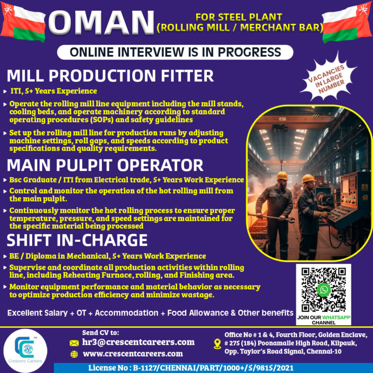 MILL PRODUCTION FITTER / MAIN PULPIT OPERATOR / SHIFT IN-CHARGE 6 MILL PRODUCTION FITTER / MAIN PULPIT OPERATOR / SHIFT IN-CHARGE