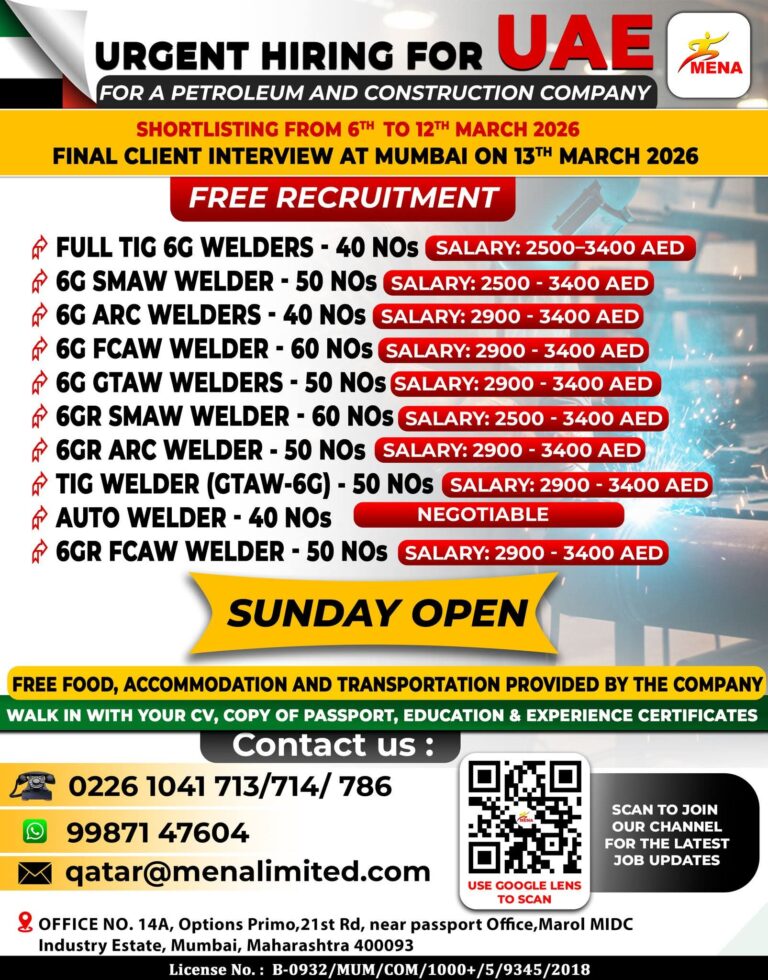 Welder jobs in UAE: Fantastic Free Recruitment Opportunity by MENA Limited