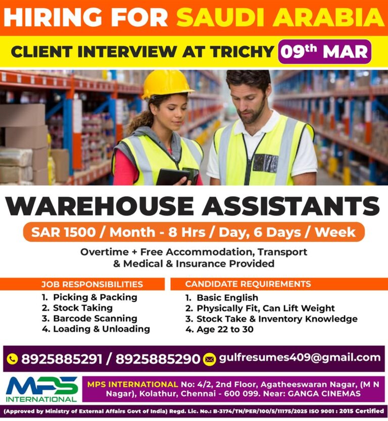 HIRING FOR SAUDI ARABIA CLIENT INTERVIEW AT TRICHY ON 09.03.2026
