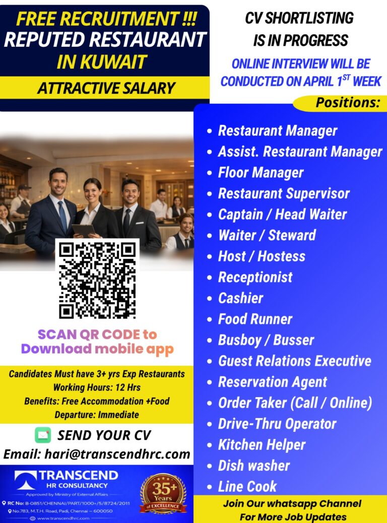 Free Recruitment for Reputed Restaurant in Kuwait