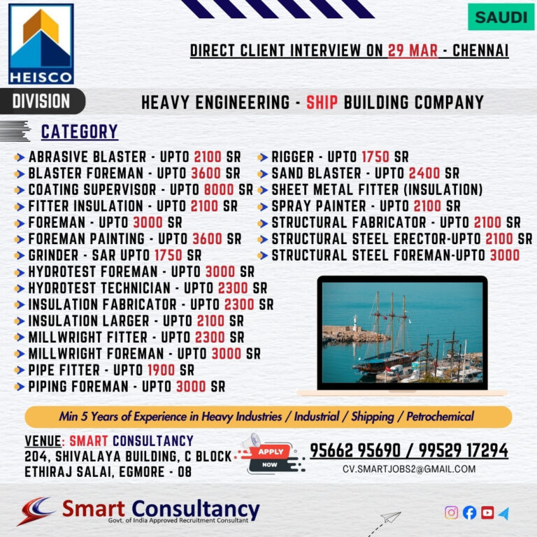 SAUDI ARABIA — URGENT HIRING 🔧 Heavy Engineering / Shipbuilding Company 📍 Direct Client Interview — 29 March | Chennai