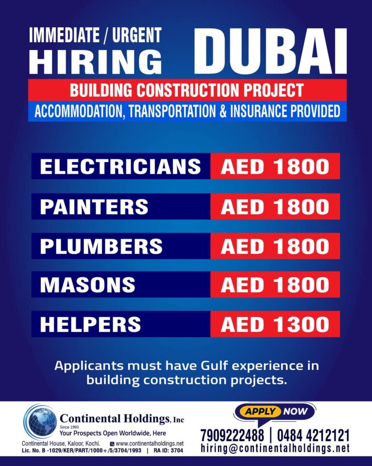 Dubai Building Construction Jobs – Urgent Hiring at Continental Holdings