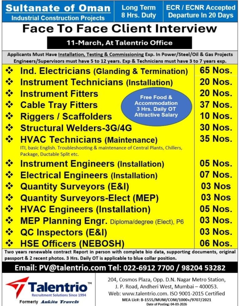 Oman Job Vacancy – Urgent Hiring at Talentrio