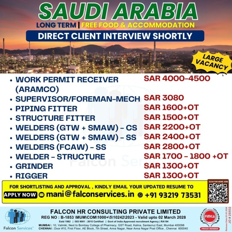 Saudi Arabia Job Vacancy – Urgent Hiring at Falcon HR Consulting