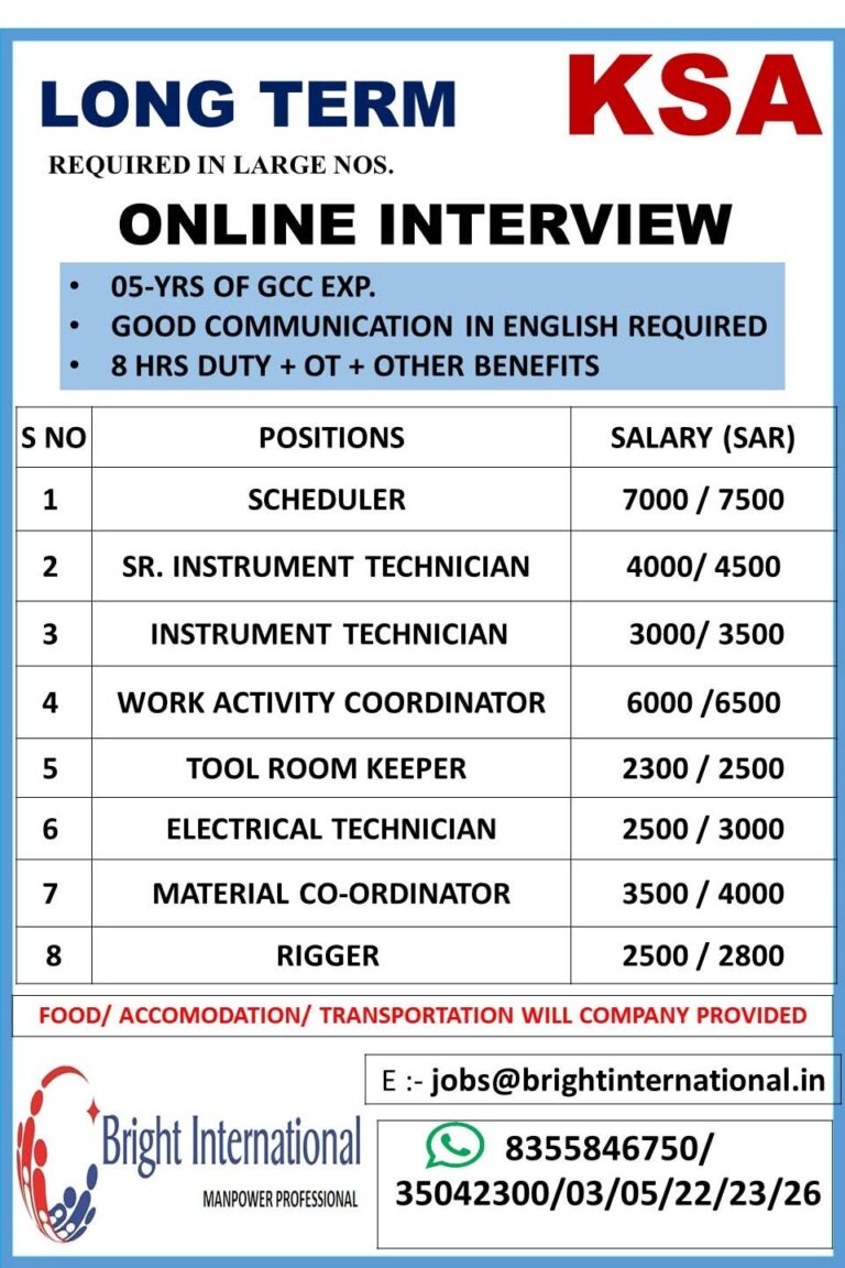 Saudi Arabia Job Vacancy – Urgent Hiring at Bright International