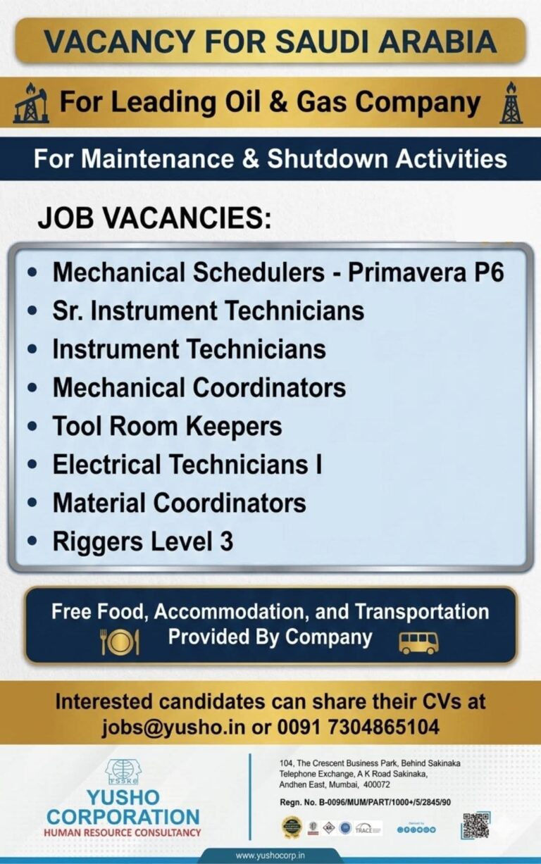 Saudi Arabia Job Vacancy – Urgent Hiring at Yusho Corporation