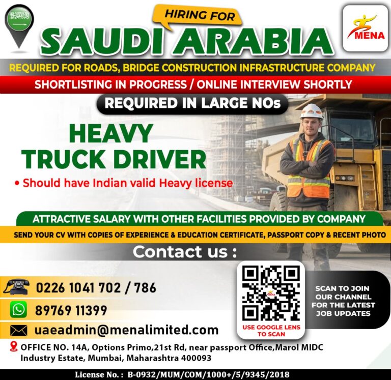 Saudi Arabia Heavy Driver Jobs – Urgent Hiring at MENA