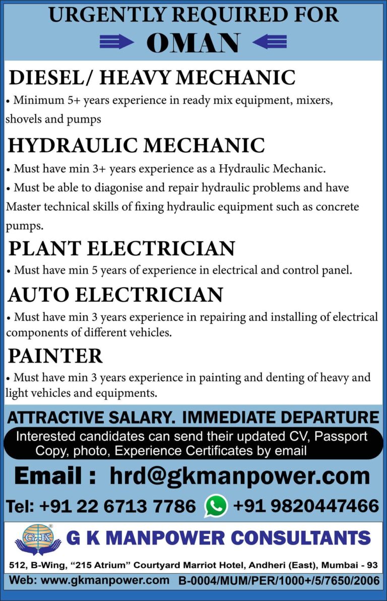 Oman Job Vacancy – Urgent Hiring for Mechanics & Electricians