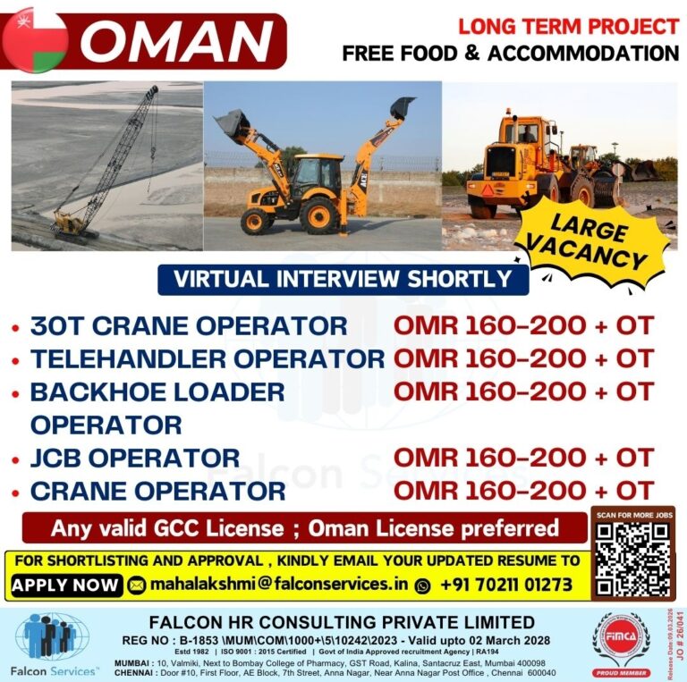Oman Job Vacancy – Heavy Equipment Operators Needed at Falcon HR