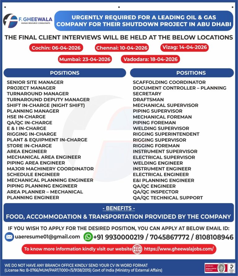 Abu Dhabi Shutdown Jobs – Urgent Hiring at F. Gheewala