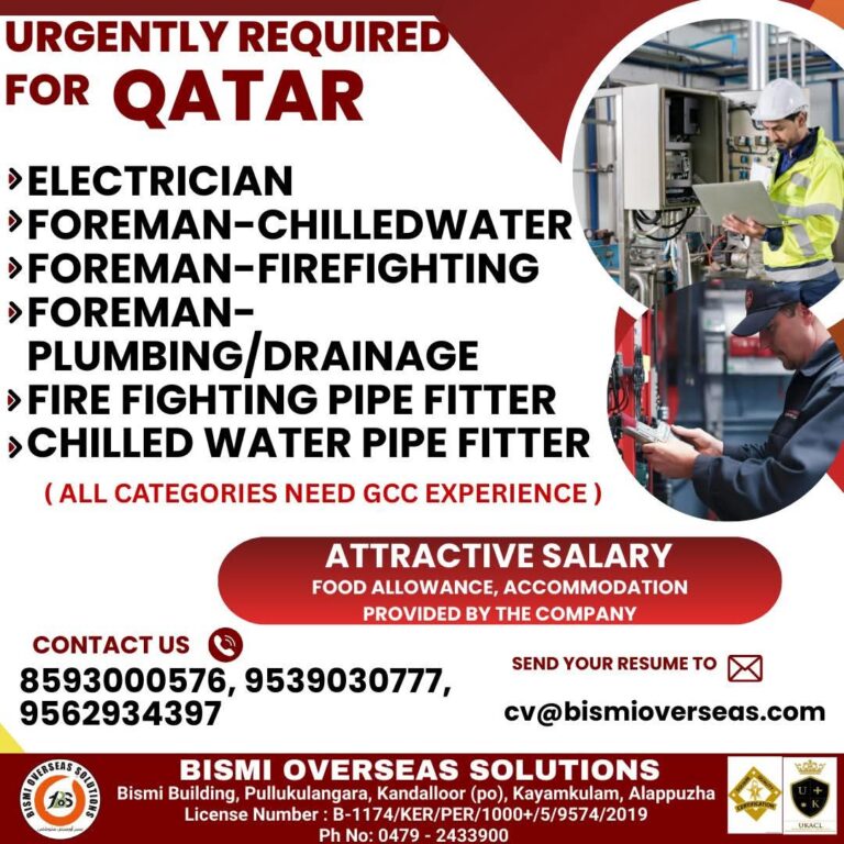Qatar Job Vacancy – Urgent Hiring at Bismi Overseas Solutions
