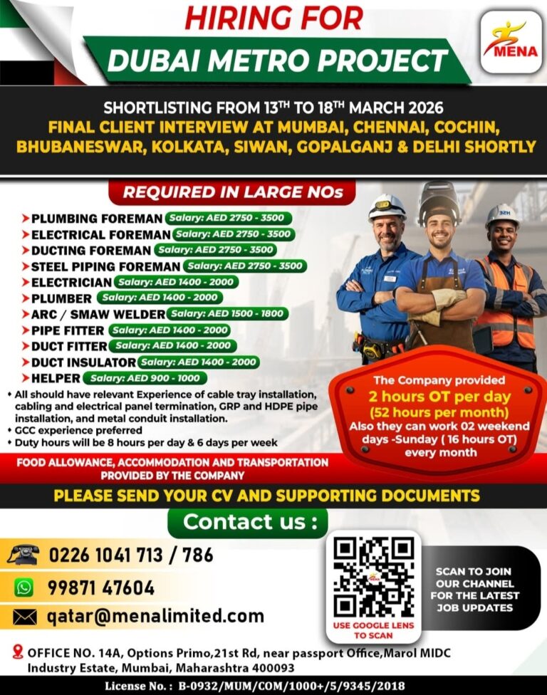 Dubai Metro Project Jobs – Urgent Hiring at MENA Limited