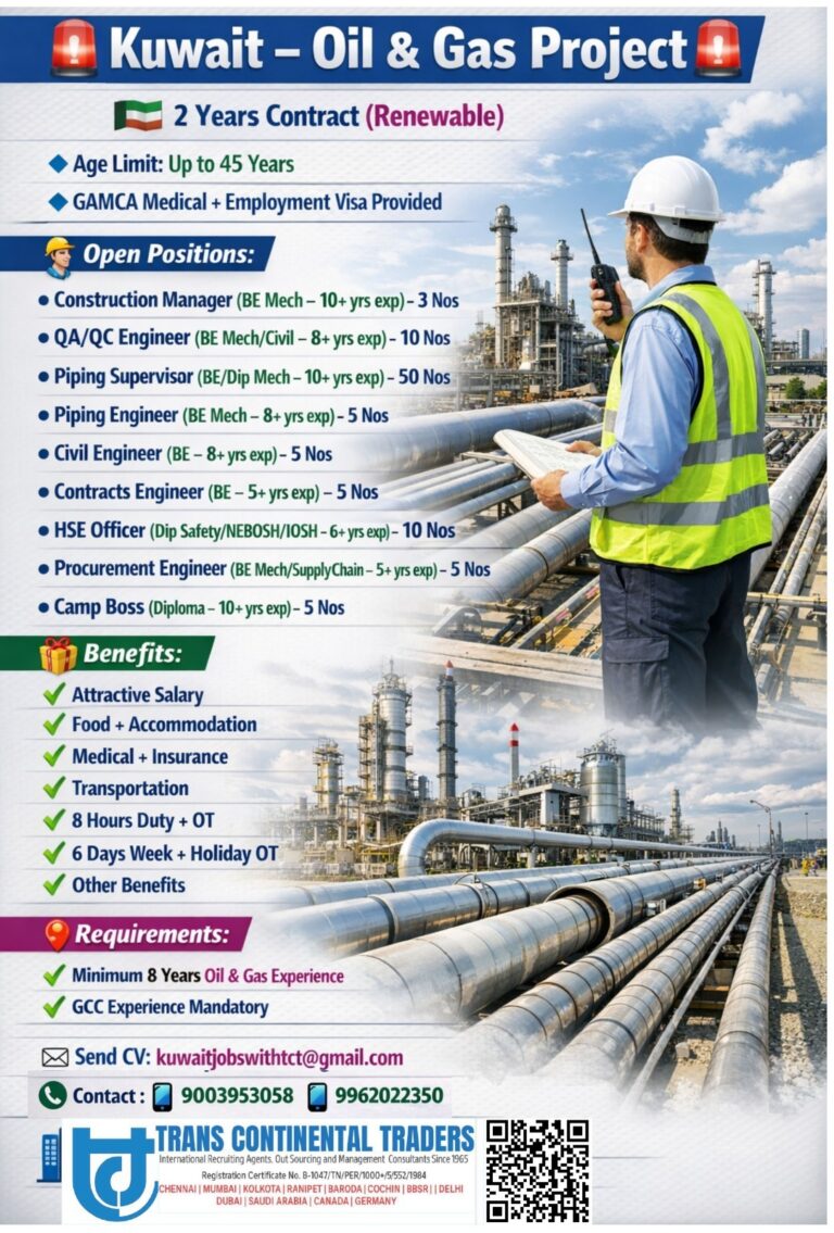 Kuwait Oil & Gas Project Jobs – Urgent Hiring at Trans Continental